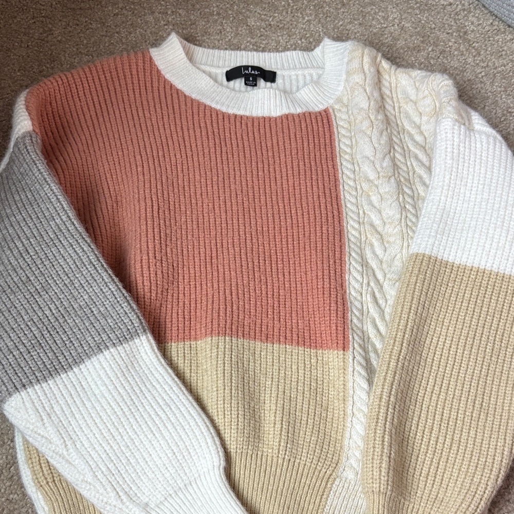 Colorblock Cable Knit Sweater - Rose, Cream & Tan Lulu’s